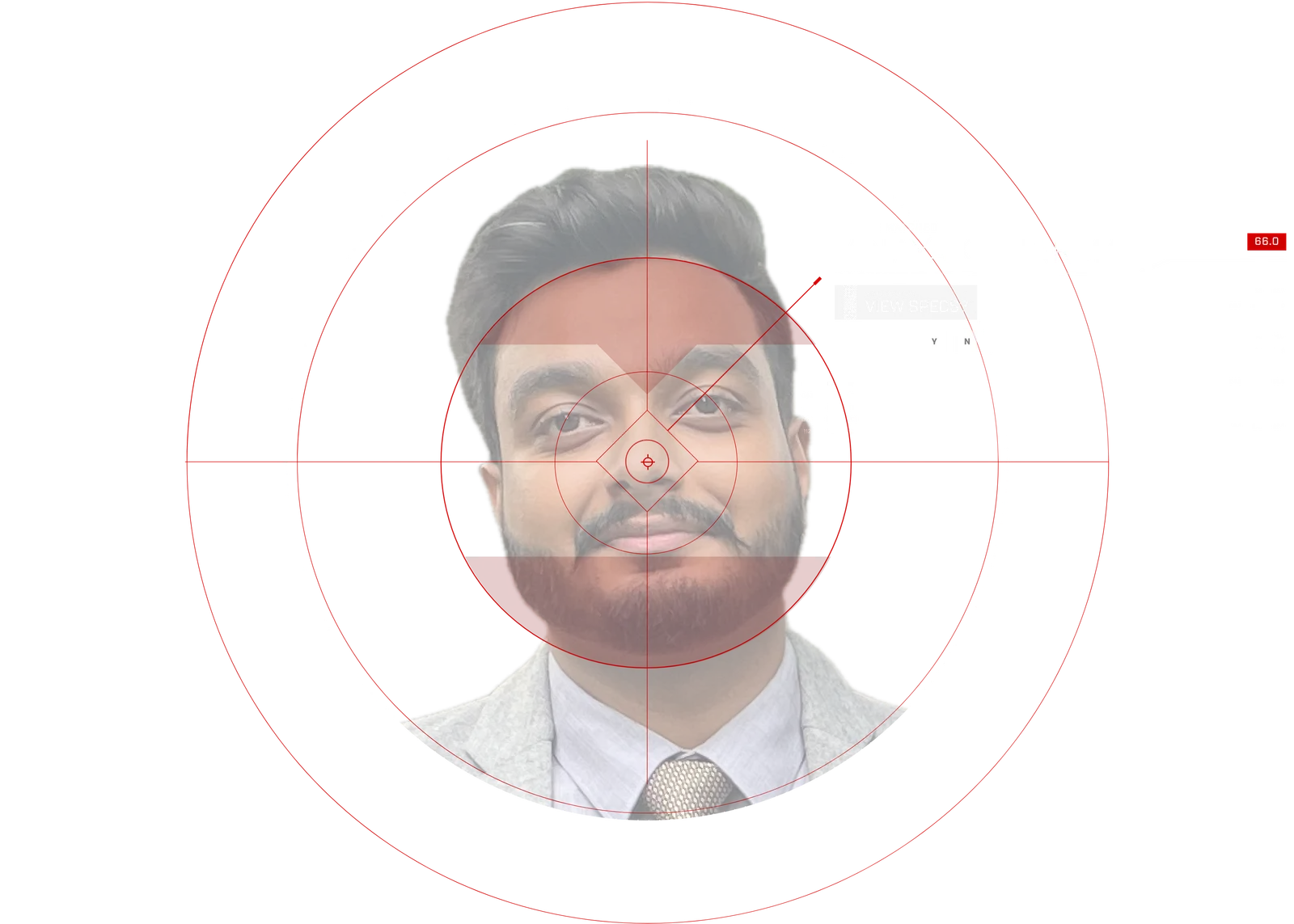 Portrait of Vinayak Sharma framed by a red targeting reticle with the caption “Profile matched”.